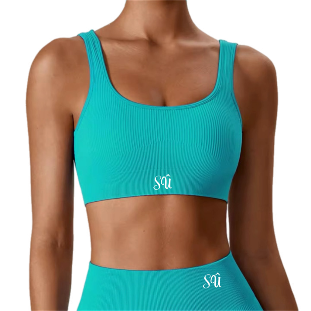 Women's Ribbed Workout Set Turquoise- High Waist Leggins & Matching Top