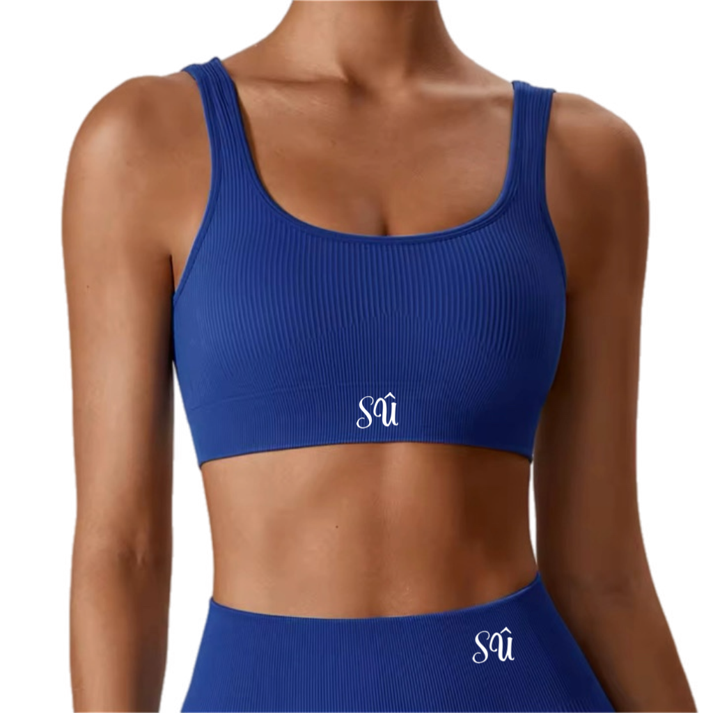 Women's Ribbed Workout Set Royal Blue - High Waist Leggins & Matching Top