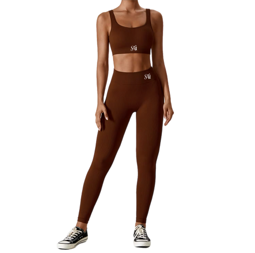 Women's Ribbed Workout Set Brown - High Waist Leggins & Matching Top