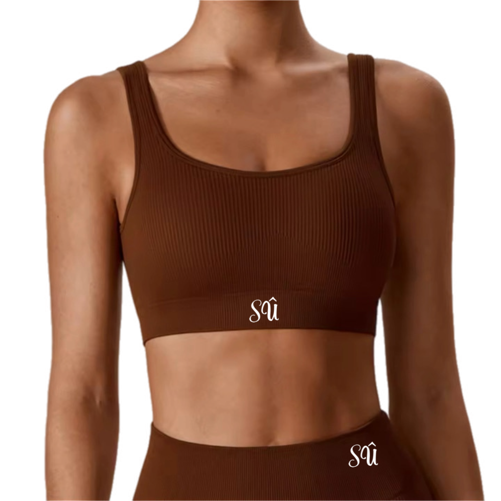 Women's Ribbed Workout Set Brown - High Waist Leggins & Matching Top